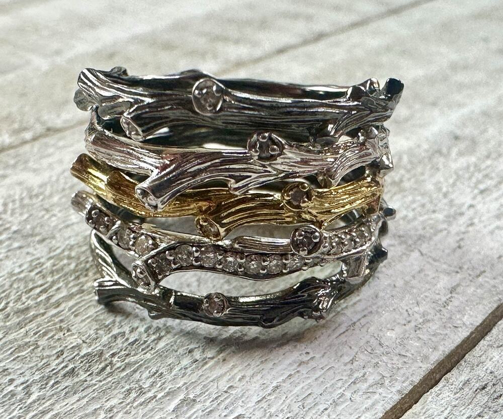 Michael Aram Sterling Silver 925 & 18k Gold Diamond Enchanted Forest Ring Sz 8